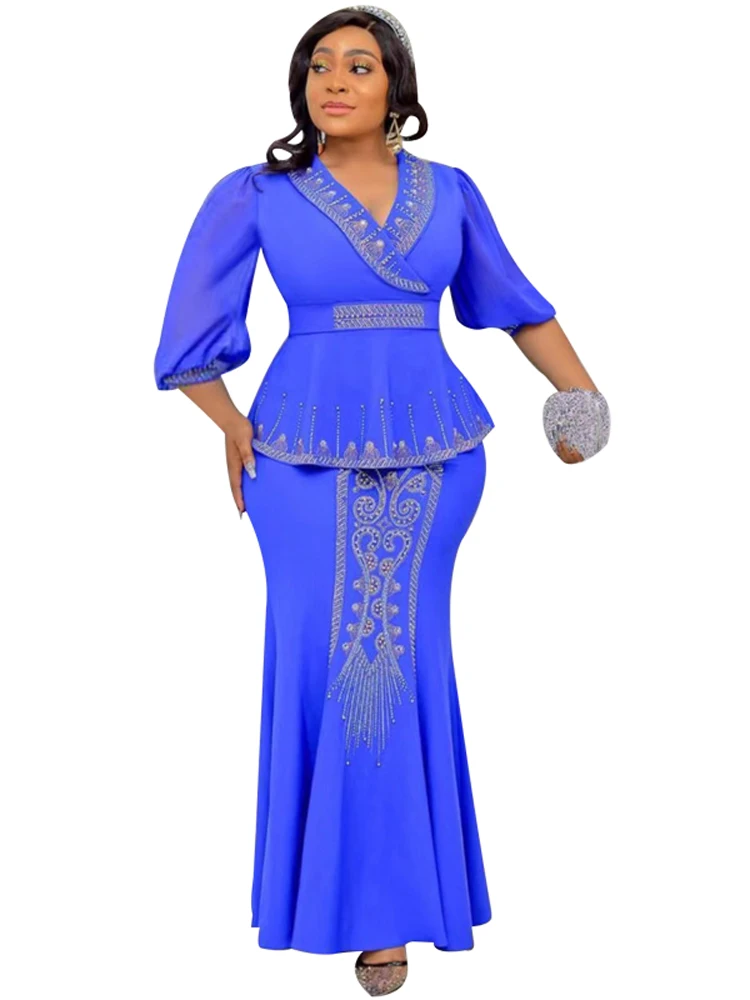 

Mermaid Skirts 2 Piece Sets Women Diamond 3/4 Sleeve Tops Long Skirt Suit Summer Solid Fashion Elegant Office Lady Party Outfits