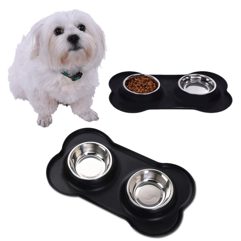 Antislip Double Dog Bowl With Silicone Mat Durable Stainless Steel Water Food Feeder Pet Feeding Drinking Bowls for Dogs Cats