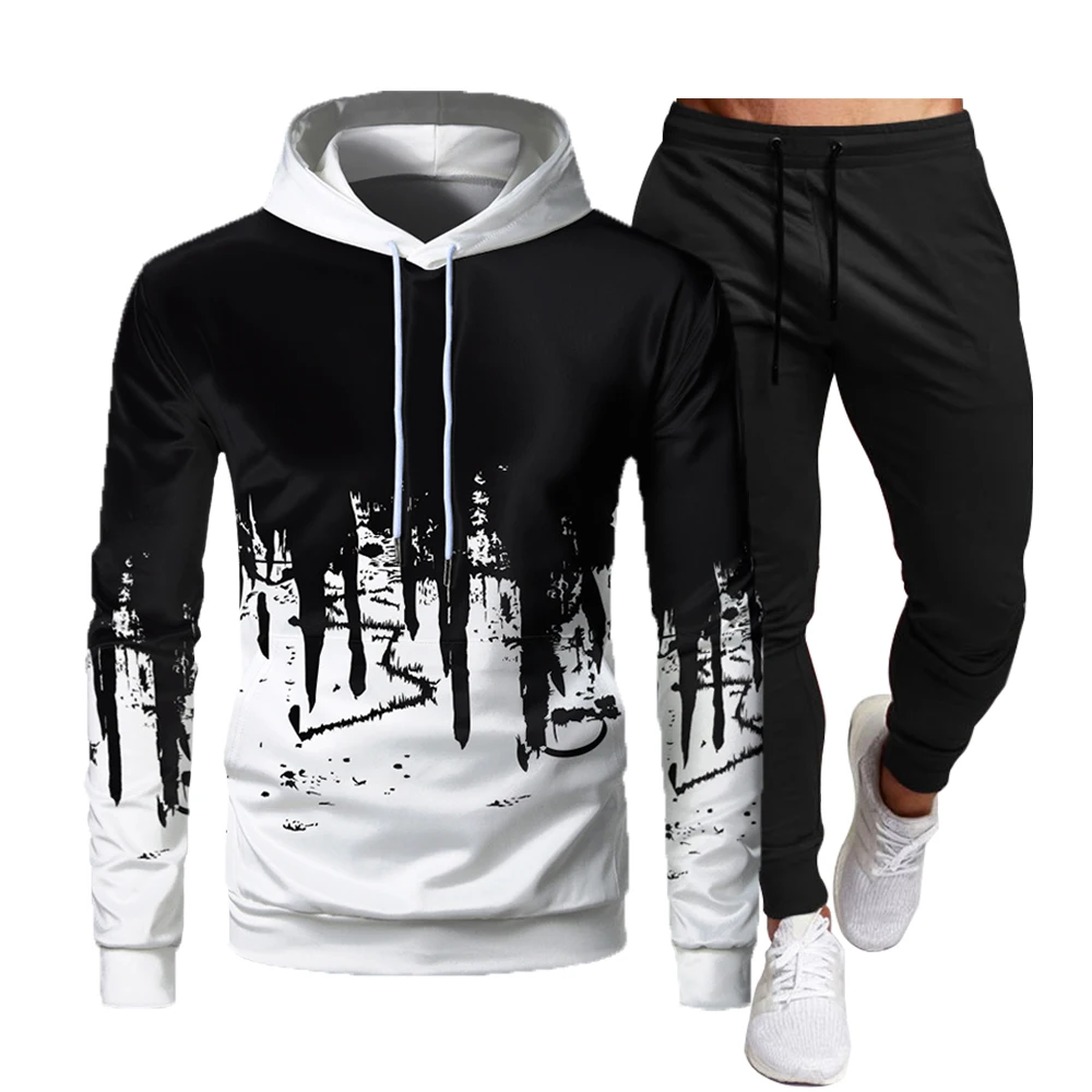 Autumn 2023 New Men's Set Brand Print Fashion Set Casual Pullover Sportswear 2-piece Hoodie Sweatshirt+Sweatpants Set