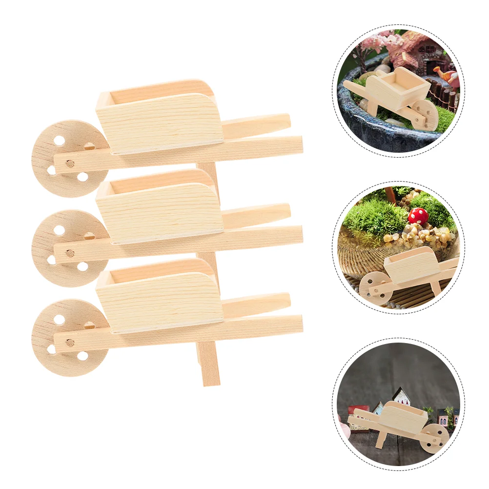 

3 Pcs Mini Stroller Cart Barrows Wooden Wheelbarrows Models Miniature Outdoor Toys Ornaments Dolls House