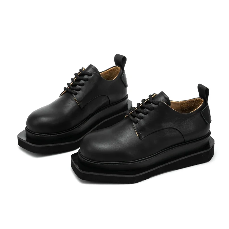 

Europe Men's Derby Shoes Thick Soled Height Increase Workwear British Casual Genuine Leather Black Round Toe Shoes 2A