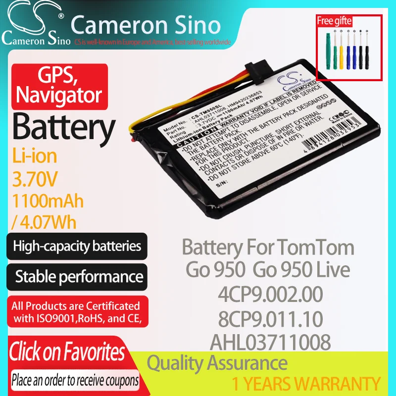 

CameronSino Батарея для TomTom Go 950 Go 950 Live 4CP9.002.00 8CP9.011.10 подходит для навигатора TomTom AHL03711008 GPS, аккумулятор для навигатора Батарея 1100 МА-ч
