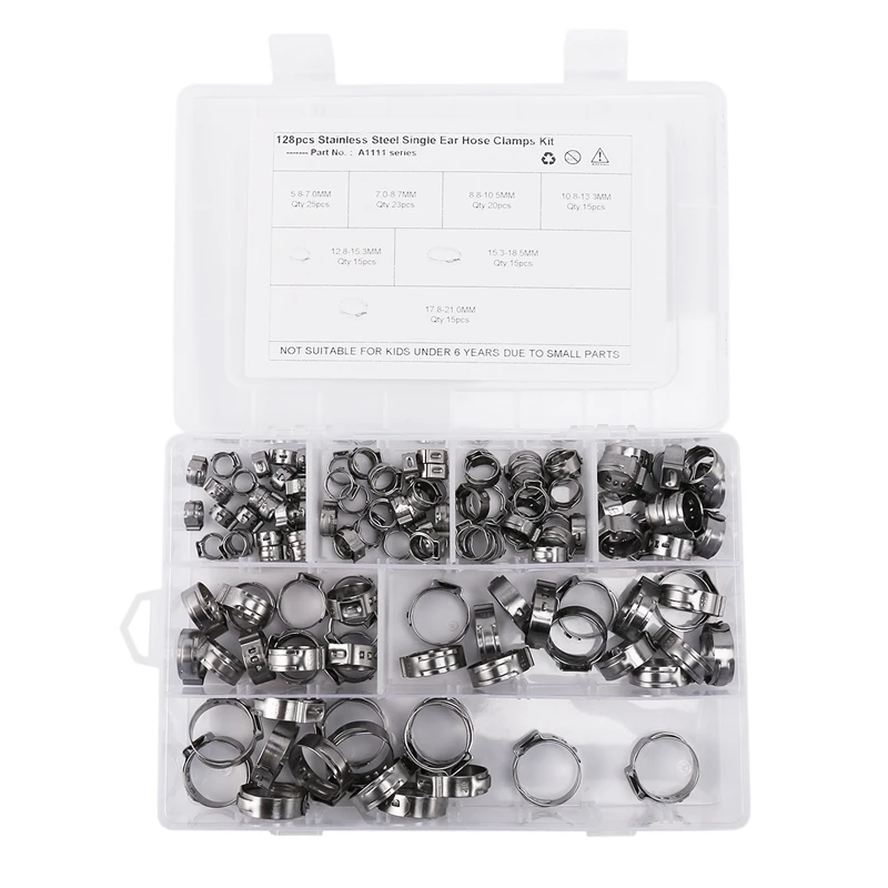 

304 Stainless Steel Single Ear Non-Steel Hose Clamp Classification Kit, 128 Pieces