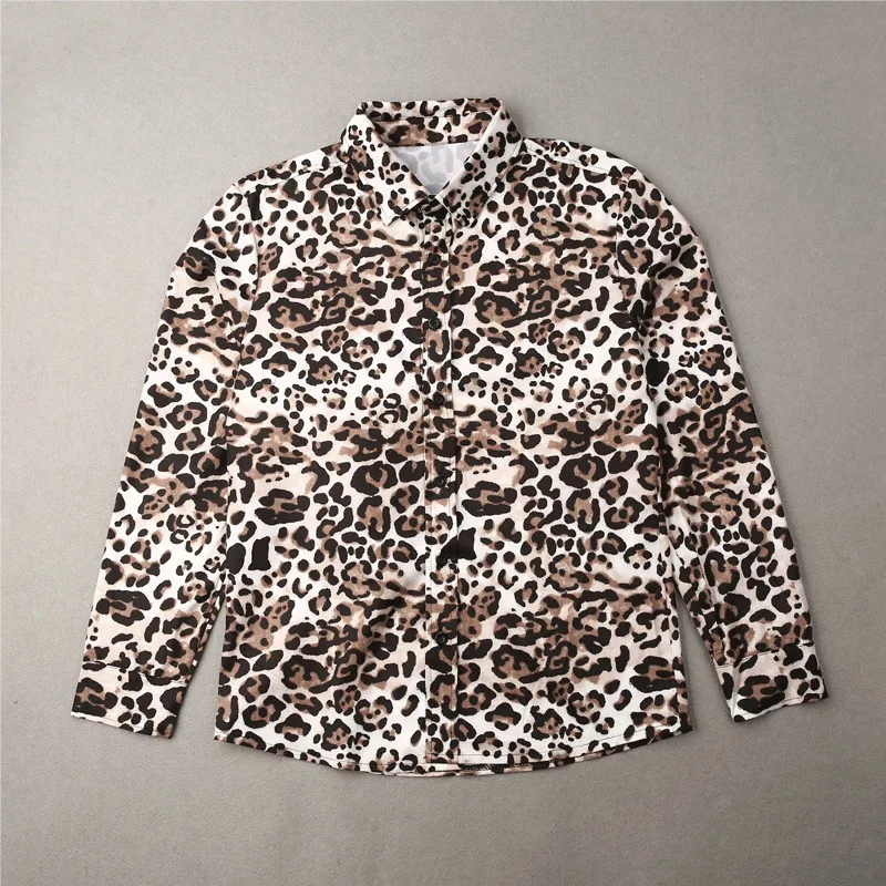 Fashion Men's Casual Long Sleeve Leopard Printed Turn-down Collar Shirt Casual Slim Fit Stylish Shirts Mens Tops