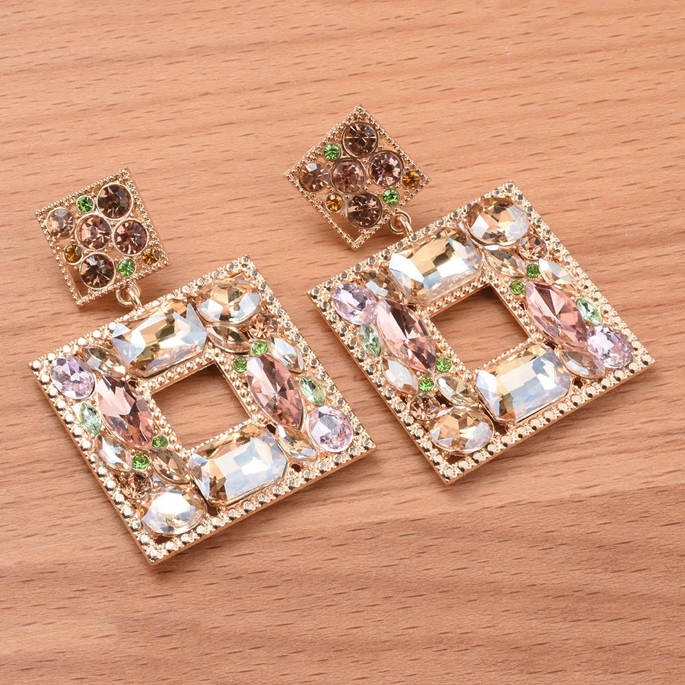 

Luxury Jewelry Elegant Aesthetic Multicolor Pink Green Champagne Crystal Rhinestone Big Square Drop Statement Earrings for Women
