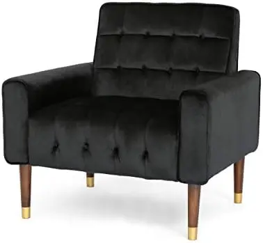 

Velvet Armchair, Modern Glam, Button-Tufted, Waffle Stitching, Black