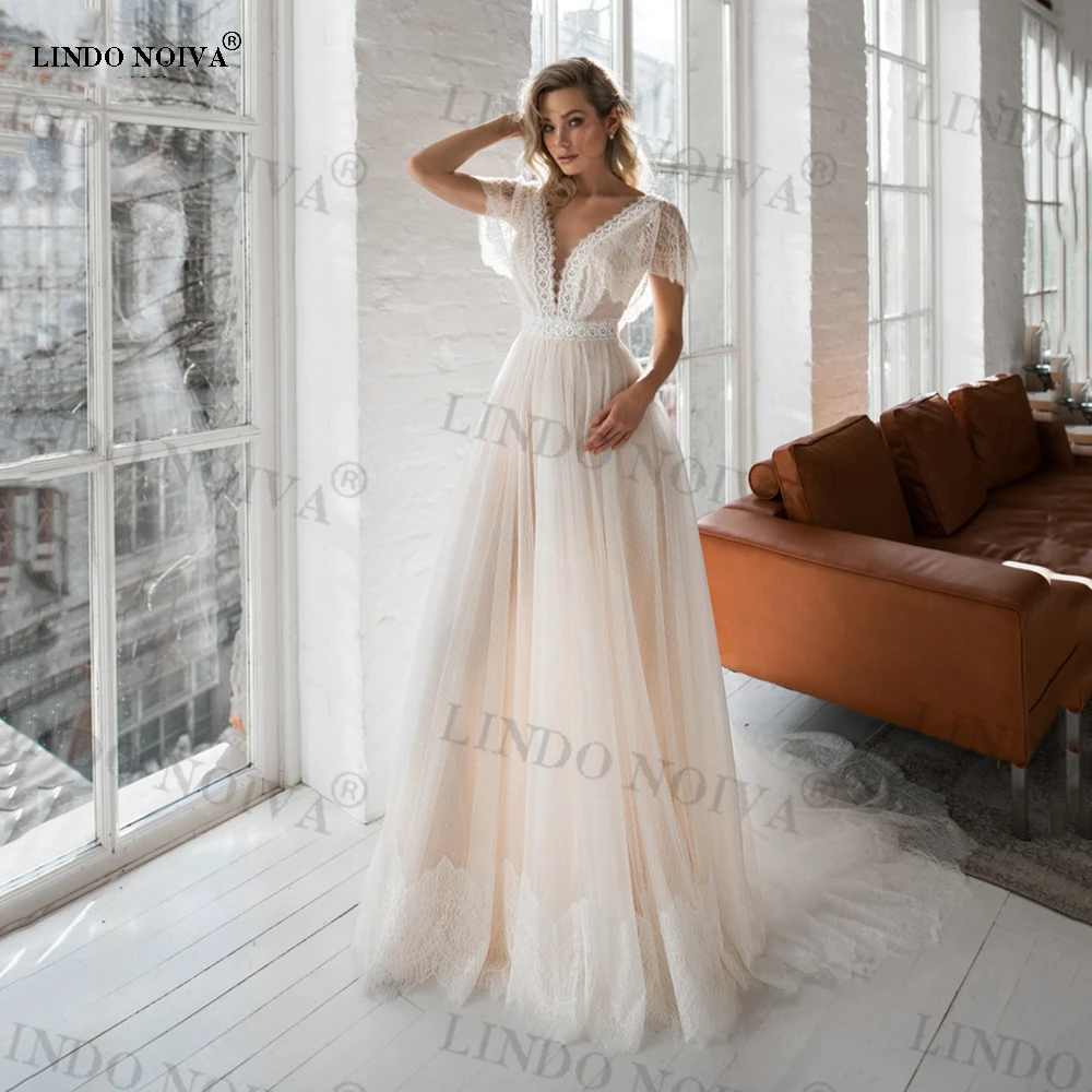 

LINDO NOIVA Vestido свадебное платье 2023 Boho Lace Appliques Wedding Dresses V-Neck Short Cap Sleeves Backless Tulle Bride Gown