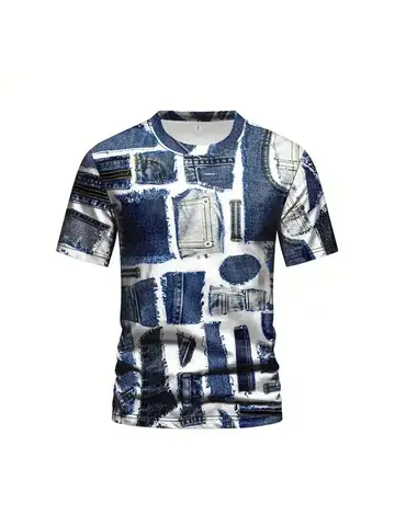 Новая джинсовая футболка с узором, мужская летняя футболка с коротким рукавом и круглым вырезом, модная уличная спортивная одежда, повседневная мужская одежда большого размера, Camisa