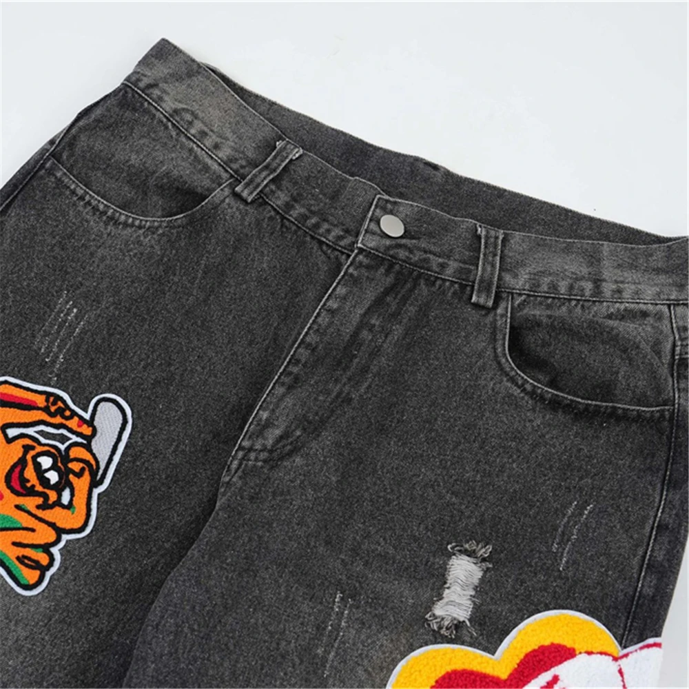 Men Hip Hop Denim Pants Jeans Streetwear Embroidery Skull Cartoon Denim Trousers Harajuku Funny Jeans Baggy Pants