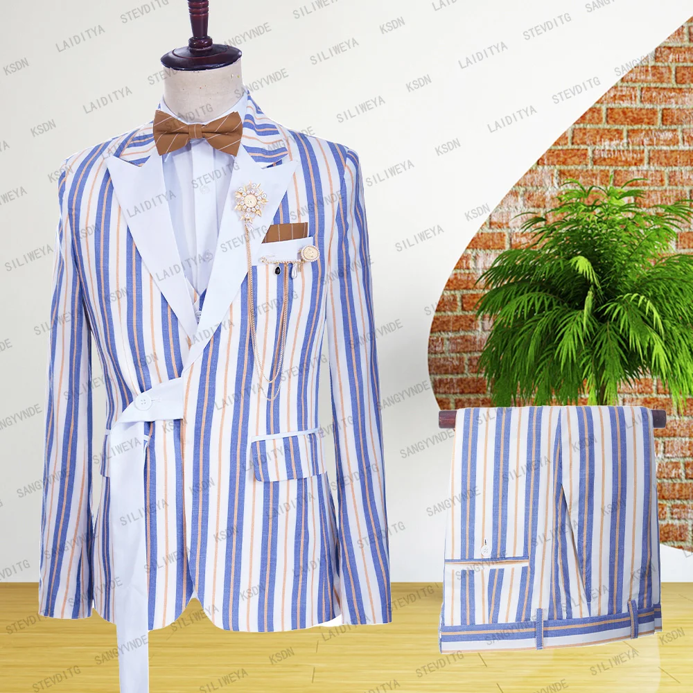 

3 шт., мужские льняные костюмы в полоску, с поясом