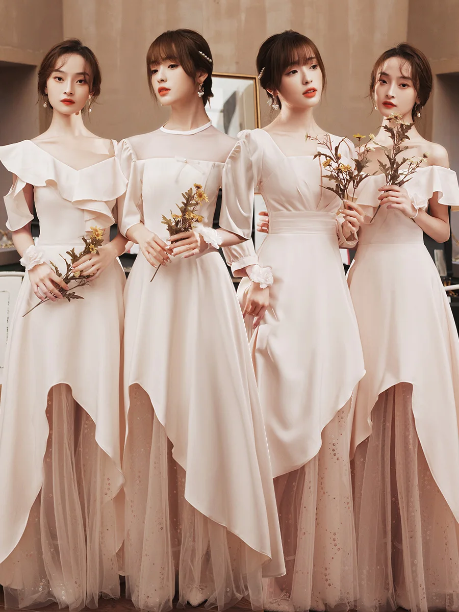 

2022 New Summer Bridesmaid Dress Women's Daily Style Fairy Temperament Slimming and Simple Elegant Champagne Dress Dress