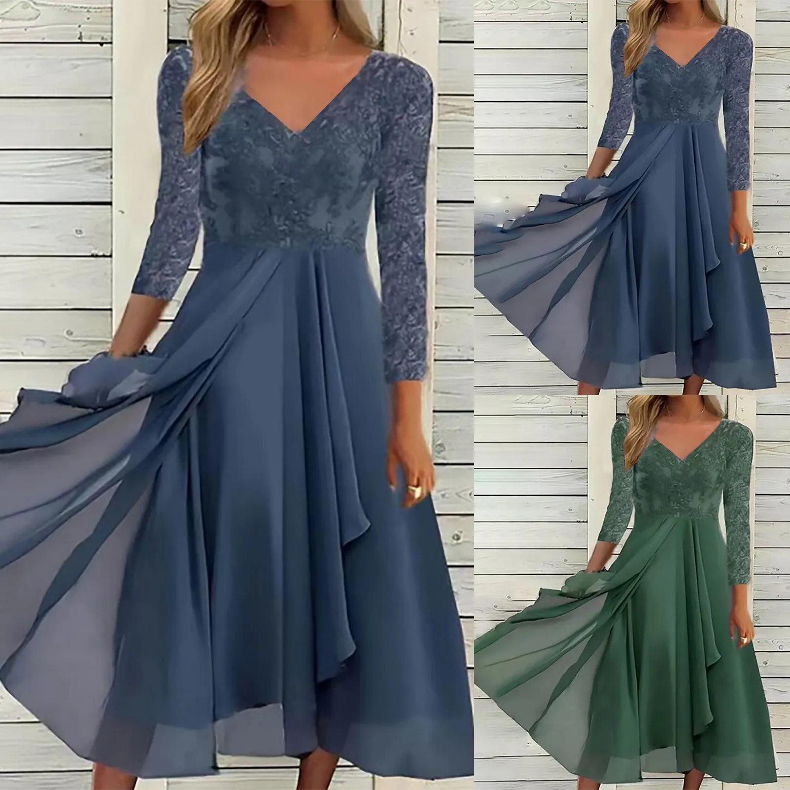 

Women'S Long Sleeved Casual Fashion Printed Chiffon Stitching Women'S Dresses