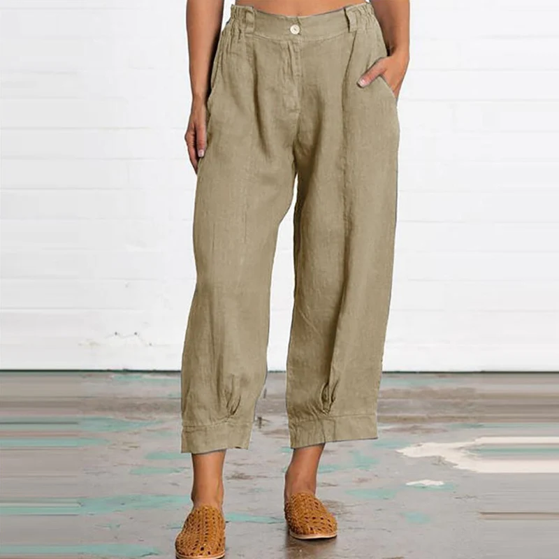 

Casual Loose Fashion Solid Color Pants with Pockets Spring Summer Vintage Cotton Linen Pants Women Ankle-length Pants 26259