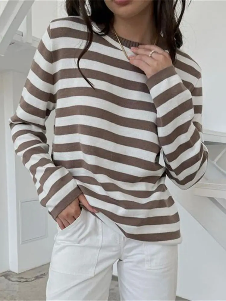 

Женский свитер в полоску на осень и зиму, Свободный теплый мягкий пуловер оверсайз, повседневный вязаный джемпер, шикарный женский свитер, Т...