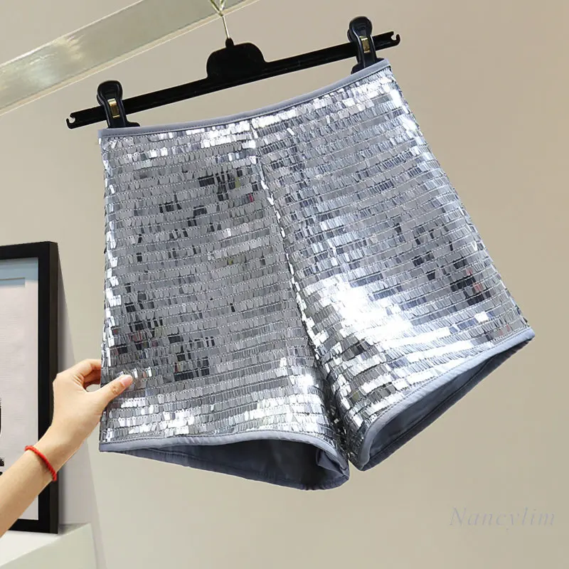 Summer Black Sequins Shorts Women 2023 High Waist Slimming Silver Sequined A- Line Wide-Legged Shorts Y2K