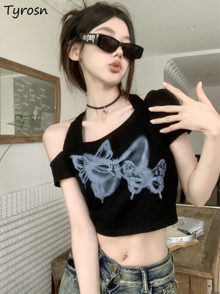 

T-shirts Women Design Slim Cropped All-match Tops Simple Print Leisure Halter Cozy Asymmetrical American Style Tender Hotsweet