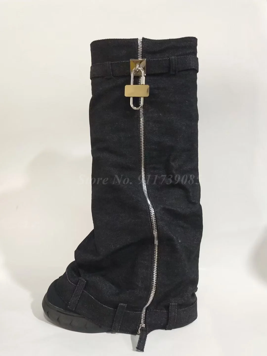 2023 Lock Decor Denim Shark Boots Fashion Thick Bottom Zip Knee High Boots Wedges High Heels Long Boots Women Shoes Plus Size 44