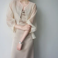 french retro round neck long sleeved loose high end fashion all match organza blouse stiff coat cardigan sunscreen shirt