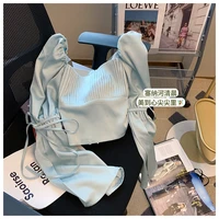french square collar satin shirt women 2022 new blue bell sleeve elegant waist short long sleeve casual top fashion zipper shirt