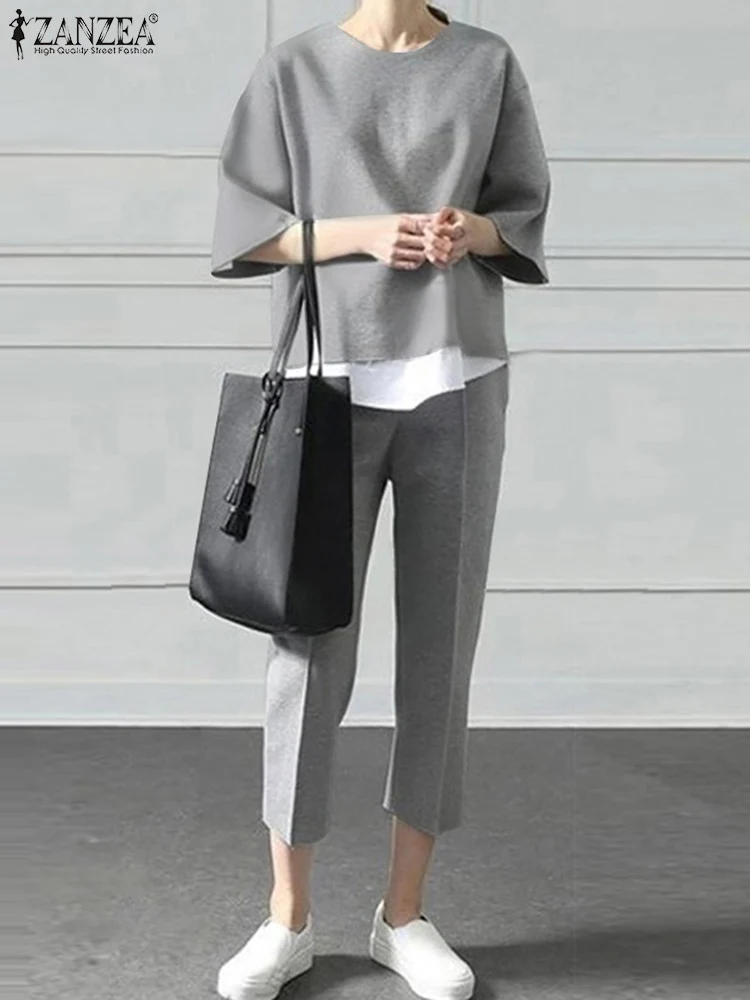 

ZANZEA Casual Office Matching Sets Women Vintage 2PCS 3/4 Sleeve Patchwork Top Harem Spring Work Tracksuits Slim Retro Pant Sets