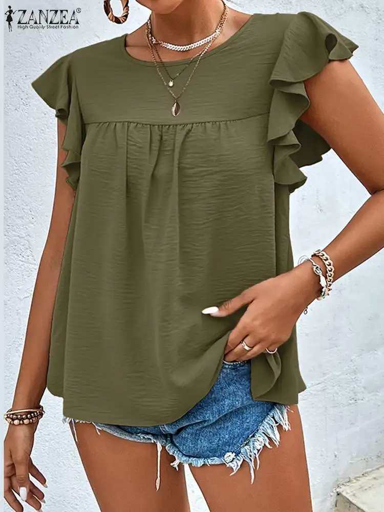 

Коллекция 2023 года, модная плиссированная рубашка ZANZEA, летняя женская блузка, Повседневная однотонная туника, топы, женская блузка, блузка большого размера на пуговицах