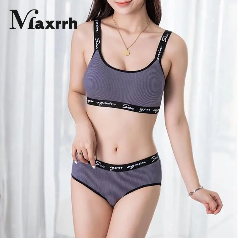 

2Pcs Threaded Cotton Sexy Padded Bra Panties No Steel Ring Set Sports Seamless Lingerie Set Fitness Crop Top Underwear Bra Brief