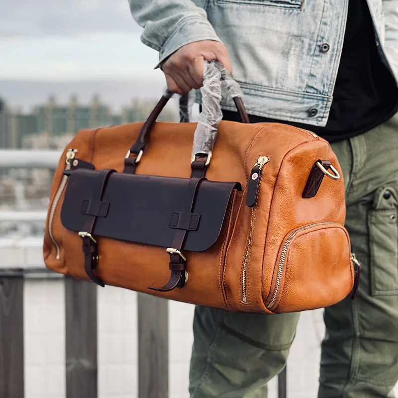 High quality genuine leather large capacity men women luggage bag weekend outdoor travel designer luxury real cowhide duffle bag