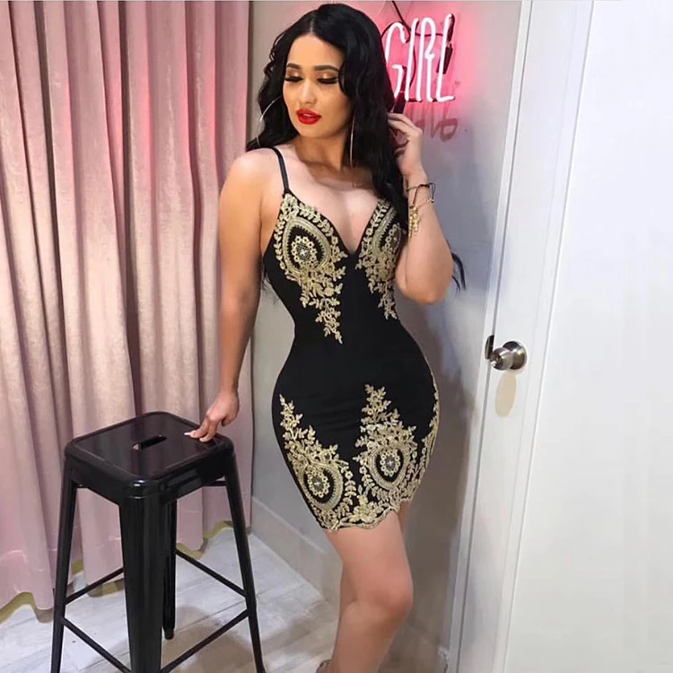 

Spaghetti Strap Dress For Women 2022 Summer Sexy Sleeveless Embroidery Black White Bodycon Mini Bandage Dress Night Out Dresses