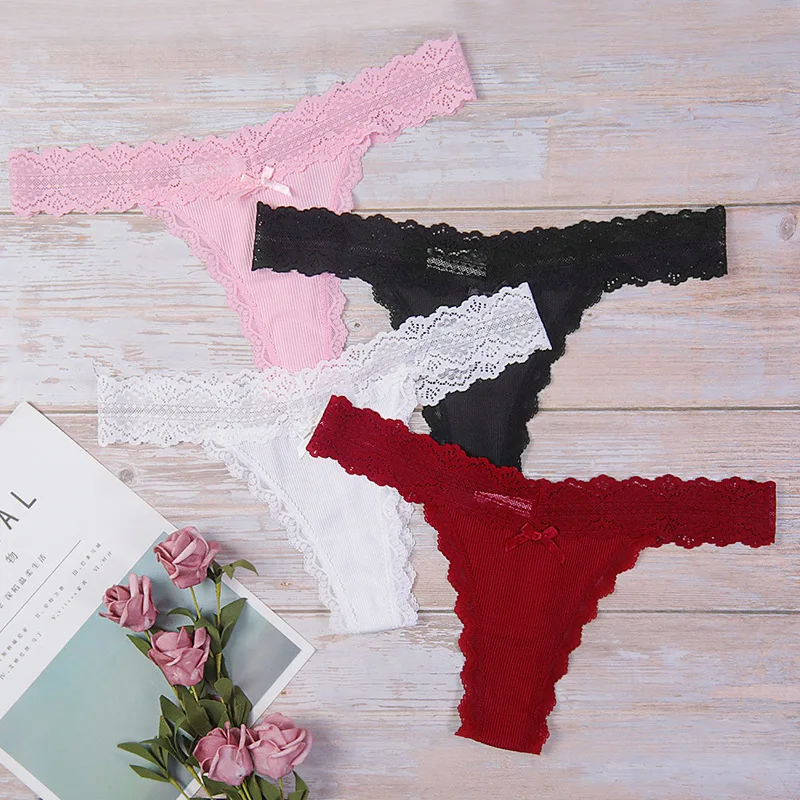 

Lace Ruffles Panties Thongs for Woman Ribbed Low Rise Breathable Soft Lingerie Ladies Intimates Underwear String Ondergoed Dames