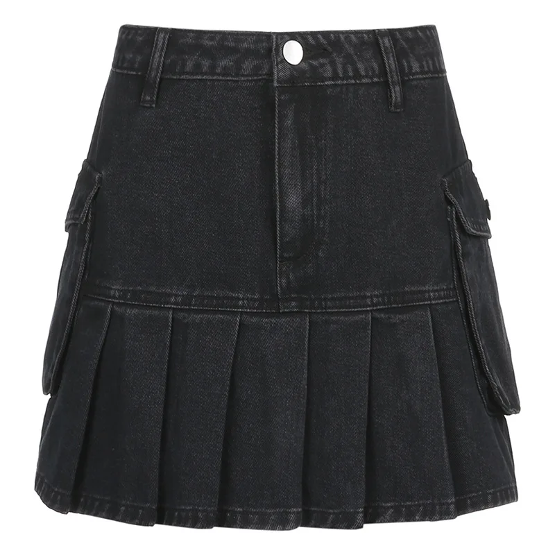 

Skirt 2022 New Women's High Waist Show Thin Black Denim Pocket A- line Pleated Skirt Skirt