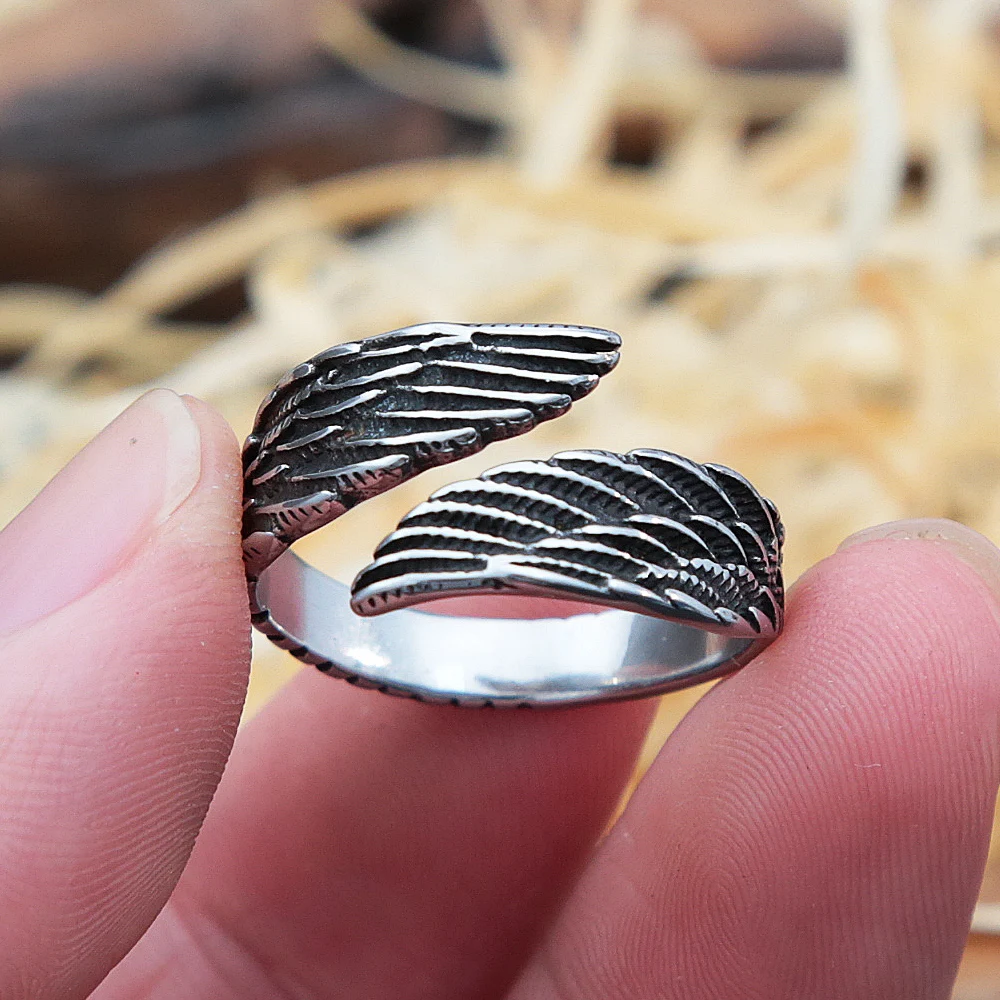

Punk Retro Angel Wings Opening Rings Stainless Steel Men's and Women's Feather Rings Fashion Creative Jewelry Gifts Wholesale
