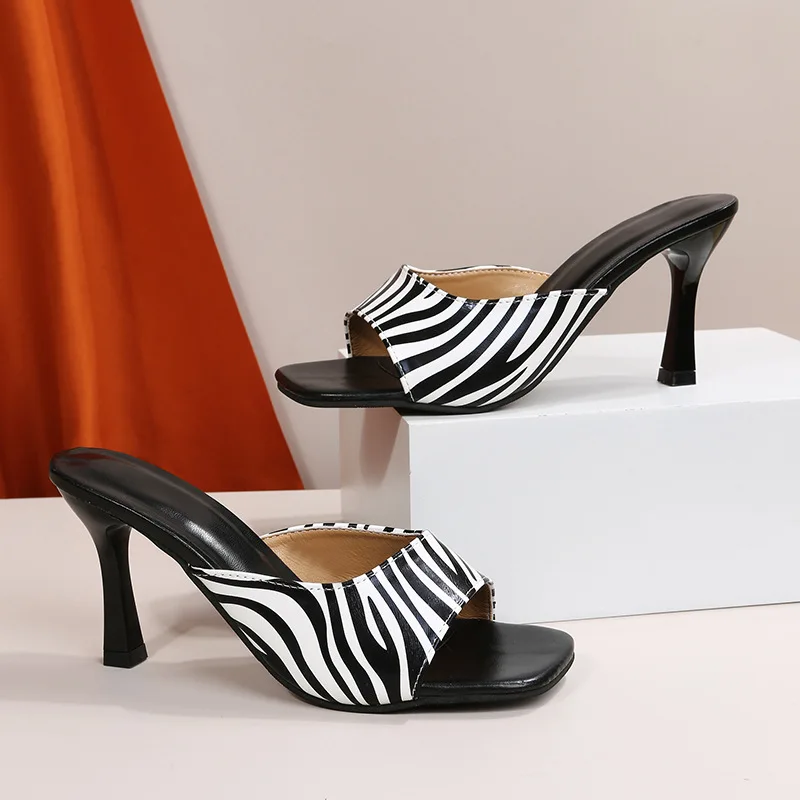 

NEW Sexy PU Zebra sandal Square Head Peep Toe Thin High Heels Slippers Summer Fashion Slip On Slides Women Mules Party Shoes