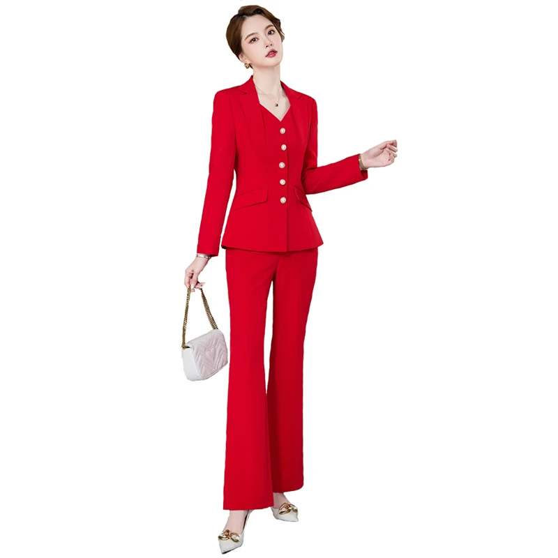 High End Red Business Suits Women Autumn Winter 2022 New Temperament V Neck Slim Blazer And Flare Pants Office Ladies Work Wear