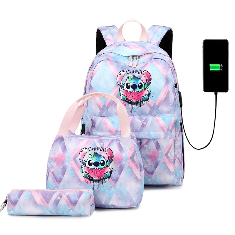 

3pcs Disney Lilo Stitch Backpack Boys Girls USB Charging Bookbag Mochila Teenager Men Women Travel Casual Backpacks Sets