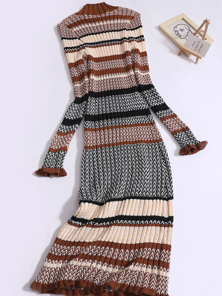 

Женское вязаное платье-свитер, длинное платье в полоску, с высоким воротником и длинным рукавом, в Корейском стиле, Осень-зима