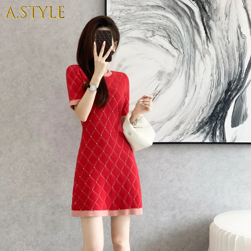 

A GIRLS Diamond Bodycon Knitted Dress O-neck Mini Pullover Femme Robe Red Summer 2022 Party Vintage Elegant Korean Short Sleeve