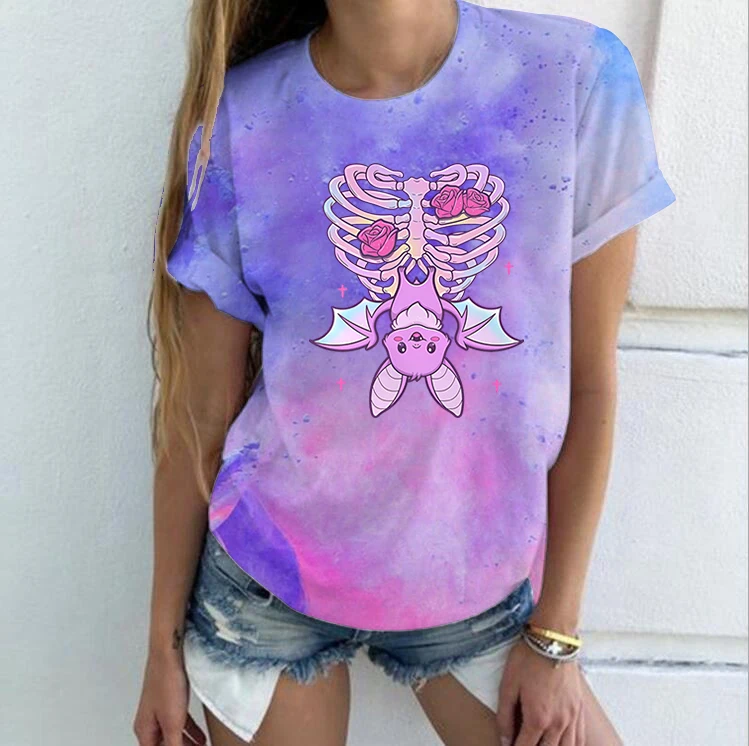 

Gothic Skull Bat T Shirt Harajuku Funny Tops for Teenager Short Sleeve Tops Tie Dye Casual T-shirt Summer Loose Woman Clothes