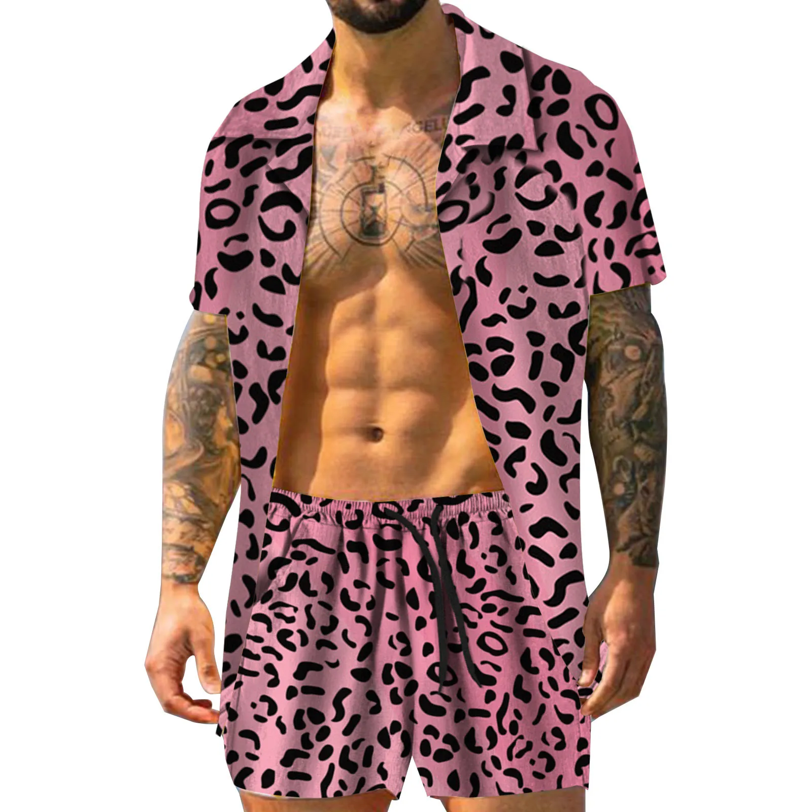 

Men's Summer Fashion Casual Hawaiianss Leopard Print Beach Seaside Vacation Short Sleeve Shorts Suit Two Pieces Chap Suit