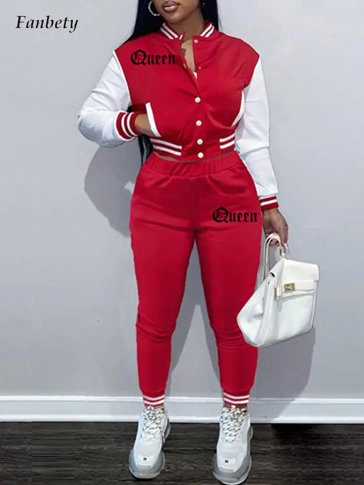 

Hot Sale Women Tracksuit Fashion Letter Print Baseball Uniform Casual Button Cardigan & Pencil Pants Sportswear Suit Streetwears