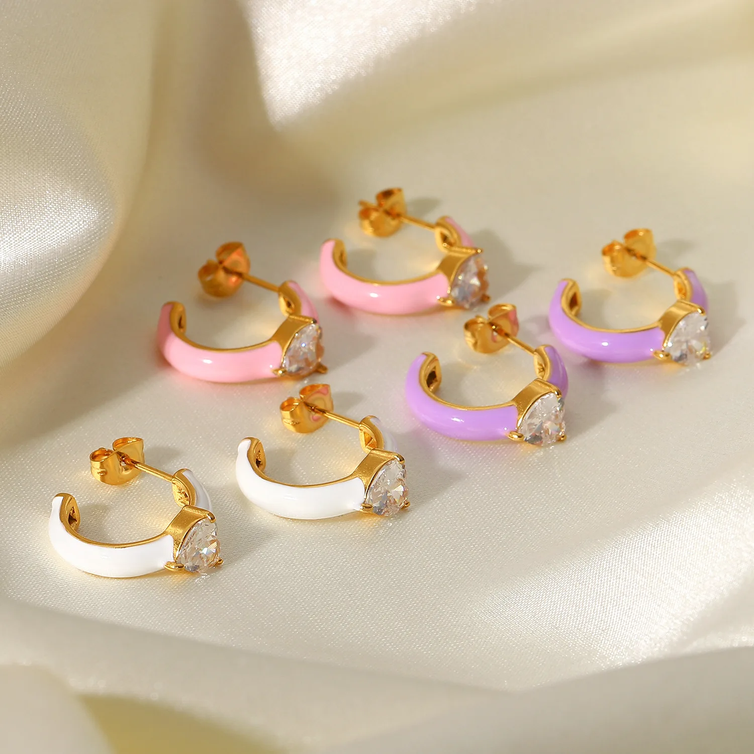 

French New Stainless Steel Color Inlaid Love Zircon Earrings Fashion Women Accessories INS Kpop Trend Jewelry Couple Gifts