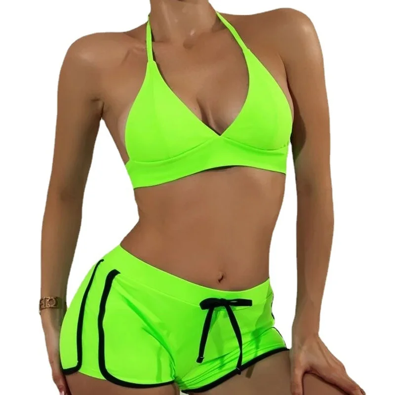 

Стильный однотонный спортивный бикини, женский купальник, пляжный купальник, плавательные шорты