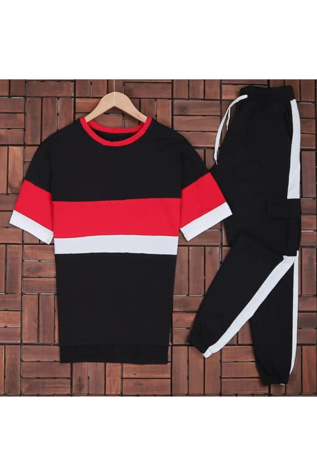 

Men's Black Red White Piece T-shirt + Black White Tracksuits 100% Cotton 2021 New Fashion Tracksuit set