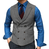 men suit vest double breasted herringbone tweed waistcoat with lapel slim fit wedding jacket vests
