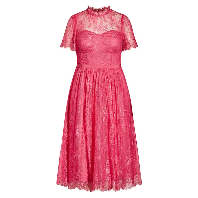 Plus Size Women's Dress New Fashion Large Silk Color Large Size Light Mature Style Fat MM Lace Short Sleeve Women's Long Dress