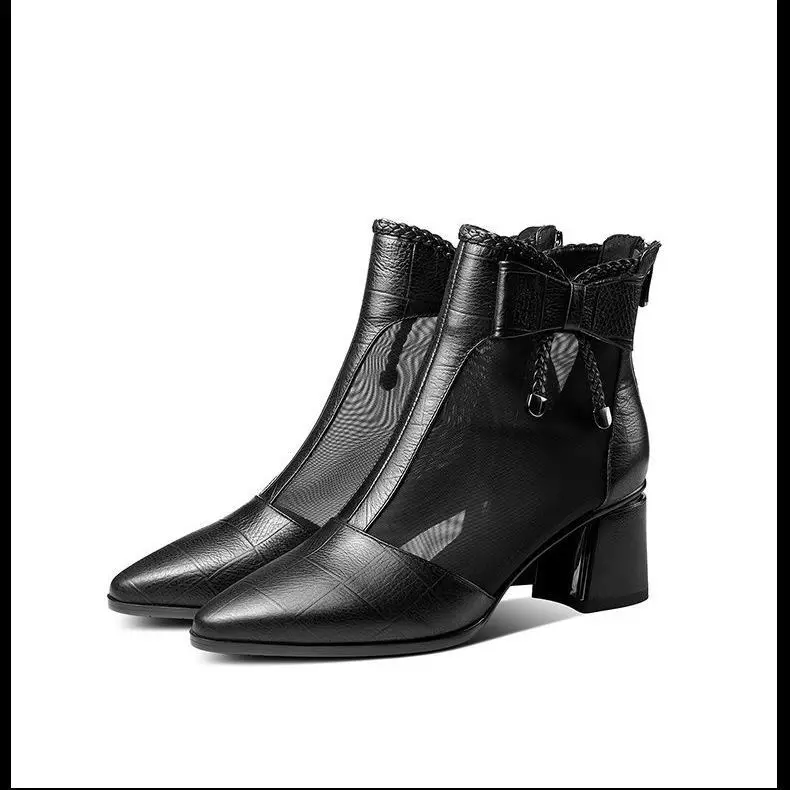 Boots for women Butterfly-knot Mesh Breathable Ladies Ankle Boots Summers Thick heel shoes Zipper Comfortable Female Footwear