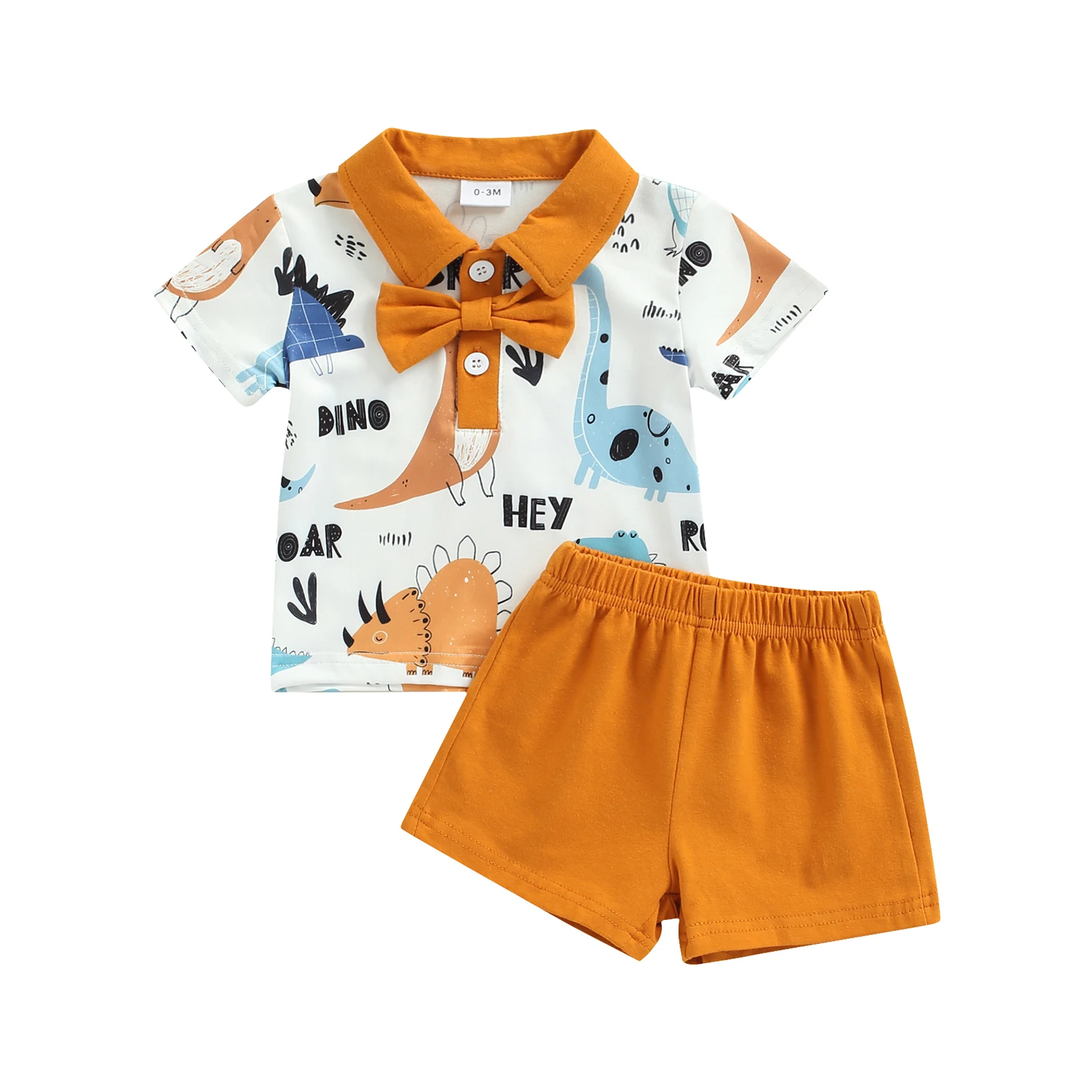 

Newborn Baby Boys Clothing Short Pants Outfits Short Sleeve Cartoon Dinosaur Printed Bow-Knot Decor Tops Solid Color Shorts Set