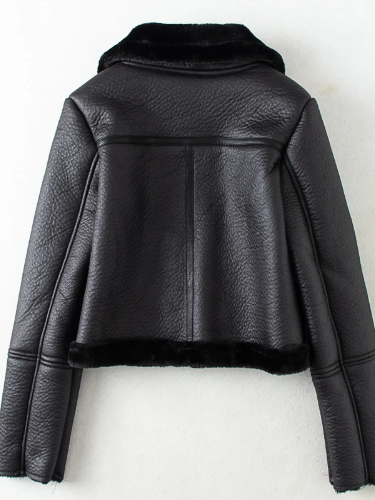 Winter Brown Faux Leather Jacket Faux Fur Warm Short Coat Biker Streetwear Leather Moto Jacket Faux Lamb Leather Jackets Coats