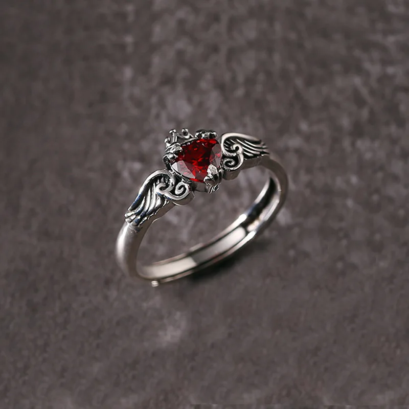 Promotion Jewelry Retro Red Crystal Love Heart Angel Wing Crown Design Thai Silver Ladies Ring For Women No Fade Gifts