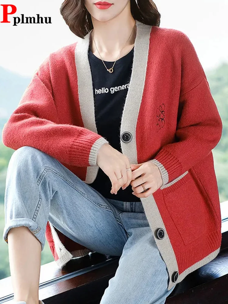 

Mid Length Elegant Sueter Coat Soft Casual Knitwears Jackets New Spring Fall Tops Abrigos Korean Spliced Loose Sweater Cardigan