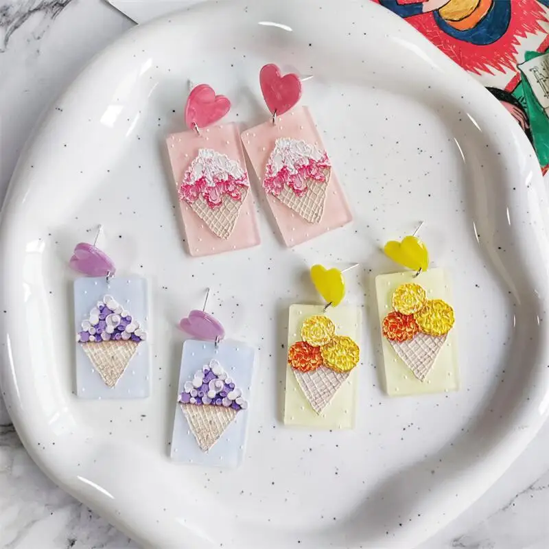 

Корейские модные красочные милые акриловые серьги с мороженым для женщин кавайные розовые сердца уникальные геометрические женские серьг...